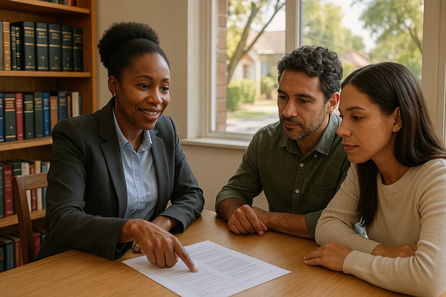 A property professional explaining a document to a couple at a desk in a bright Johannesburg suburban office.