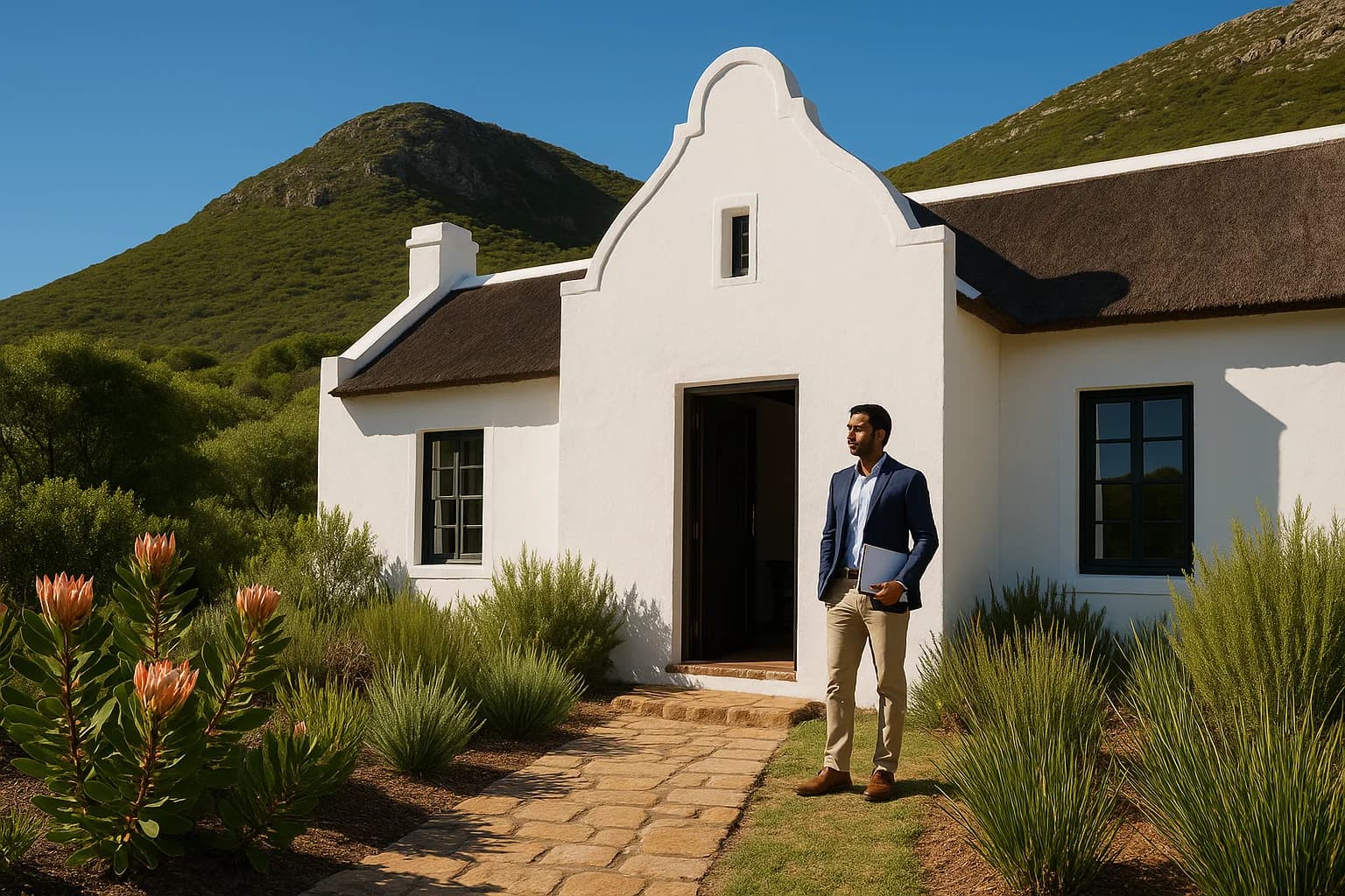 A property owner standing at the front door of a Cape Vernacular home in the Western Cape fynbos, holding paperwork.