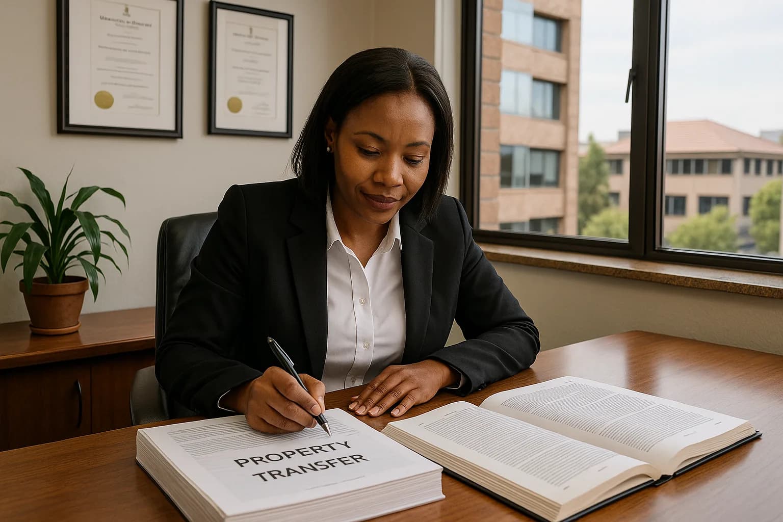A South African conveyancer reviewing property transfer documents at her desk in a Sandton law office.