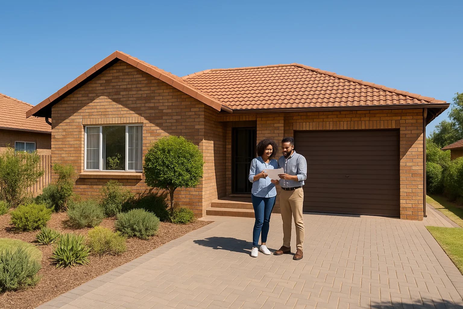 A South African couple reviewing property sale documents outside their Pretoria home, illustrating the impact of capital gains tax on property sales in South Africa.