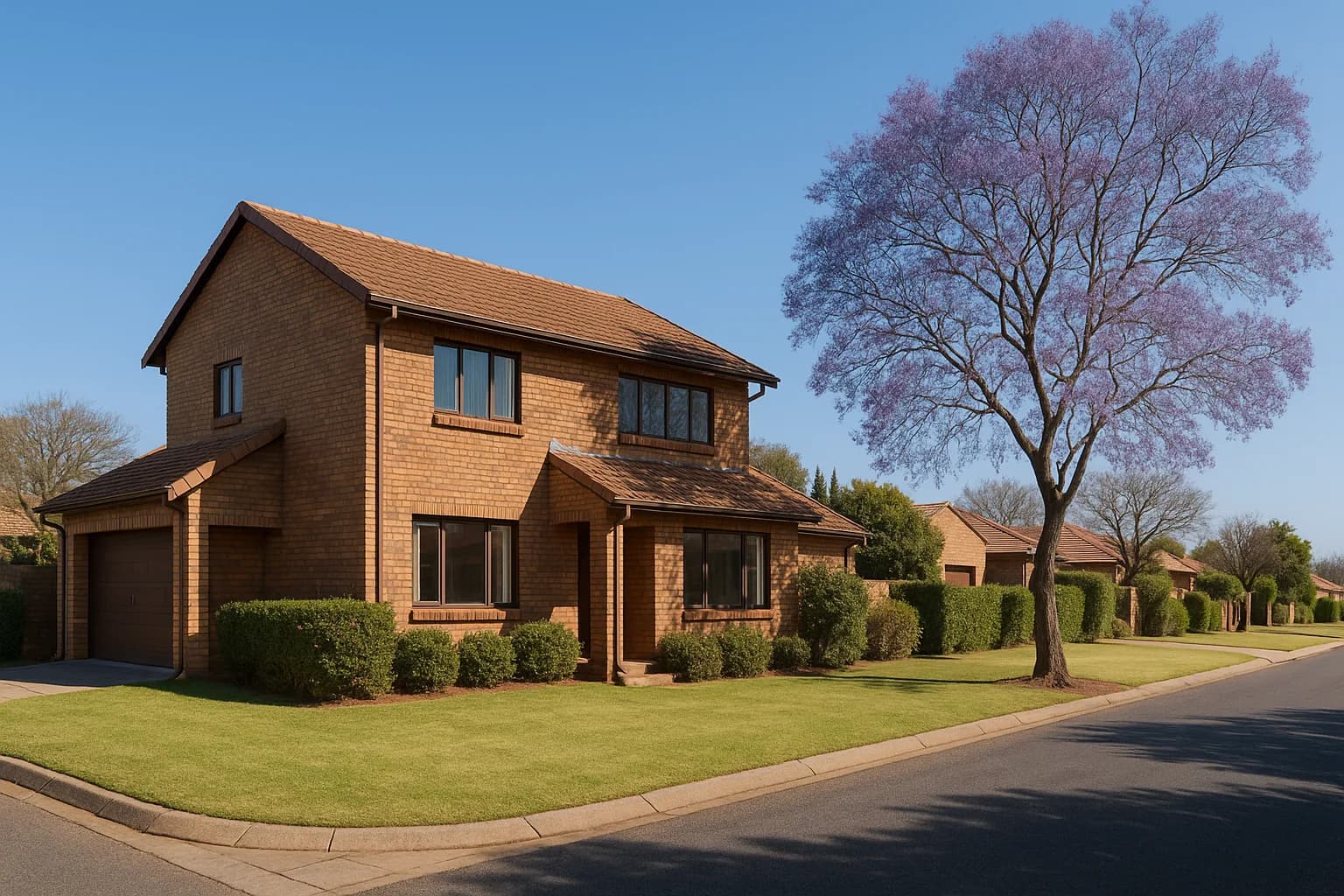 A neat double-storey face-brick suburban home on a quiet Highveld residential street under a clear blue winter sky.