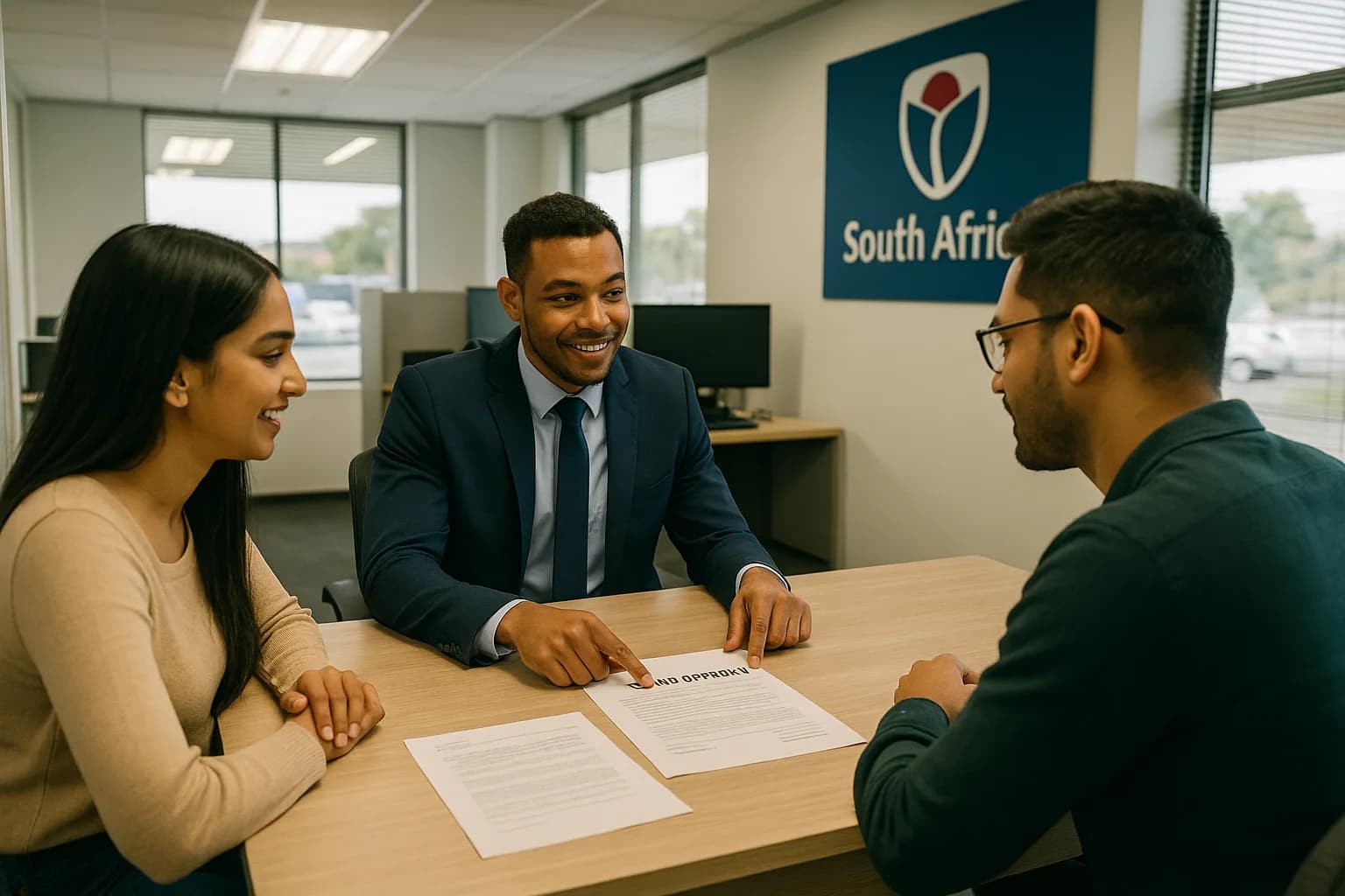 A bank mortgage consultant explaining a bond approval letter to a young South African couple at a bank branch desk.