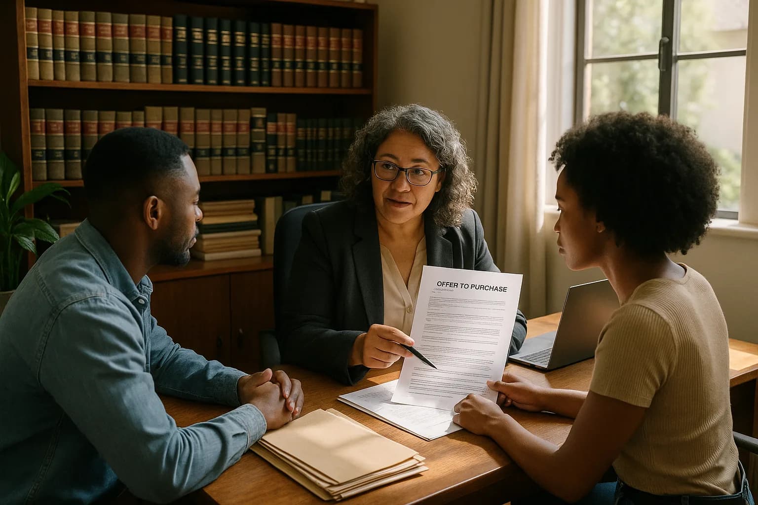 A conveyancer explaining an offer to purchase document to a young couple at her office desk.