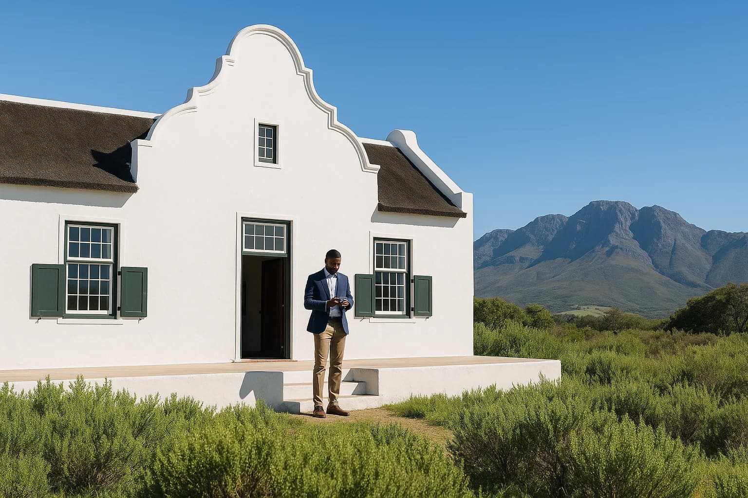 An estate agent standing at the open front door of a Cape Dutch home checking his phone after a sale complication.