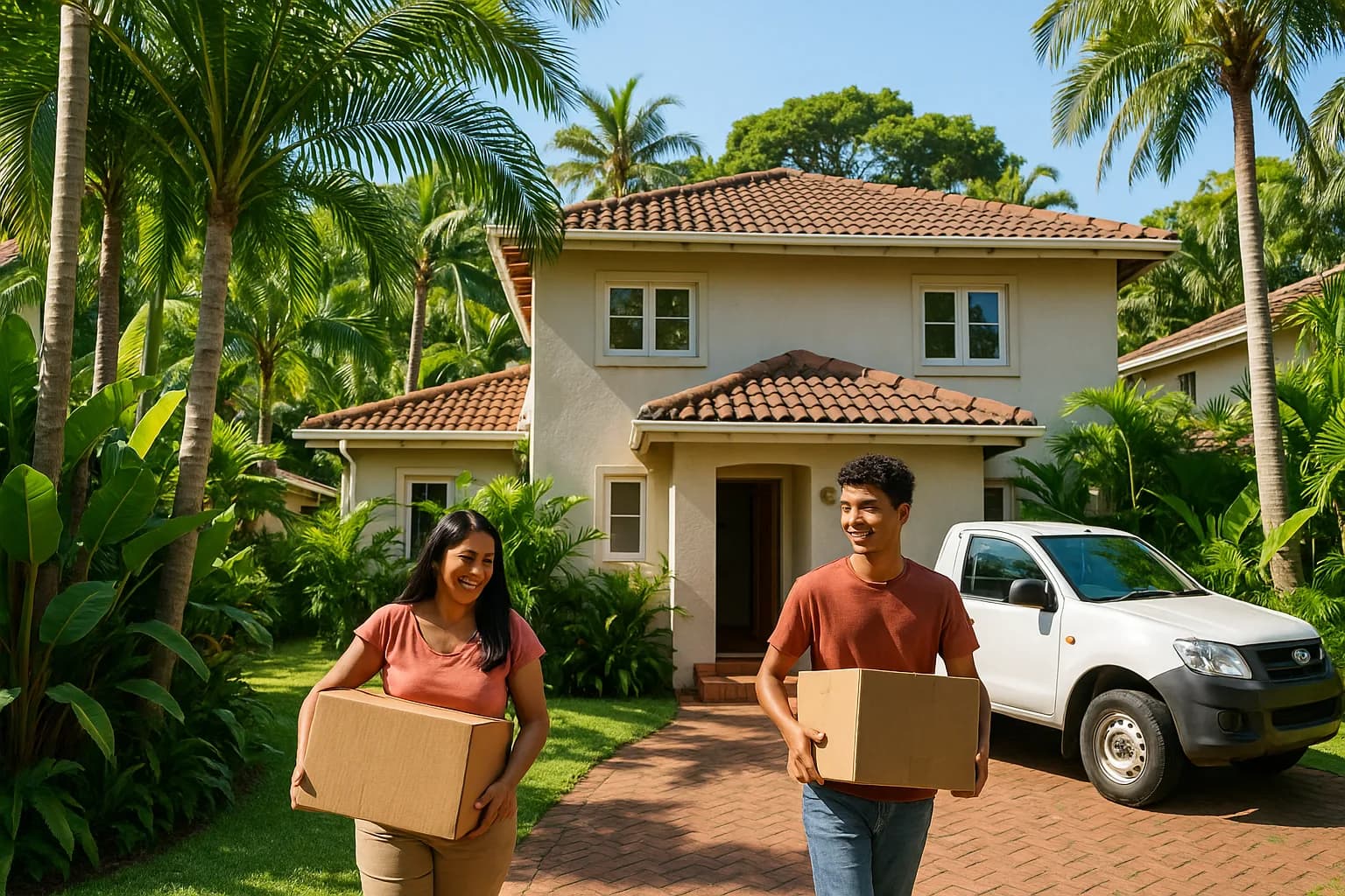 A mother and son carrying moving boxes out of a house back to a moving vehicle after a property deal fell through.