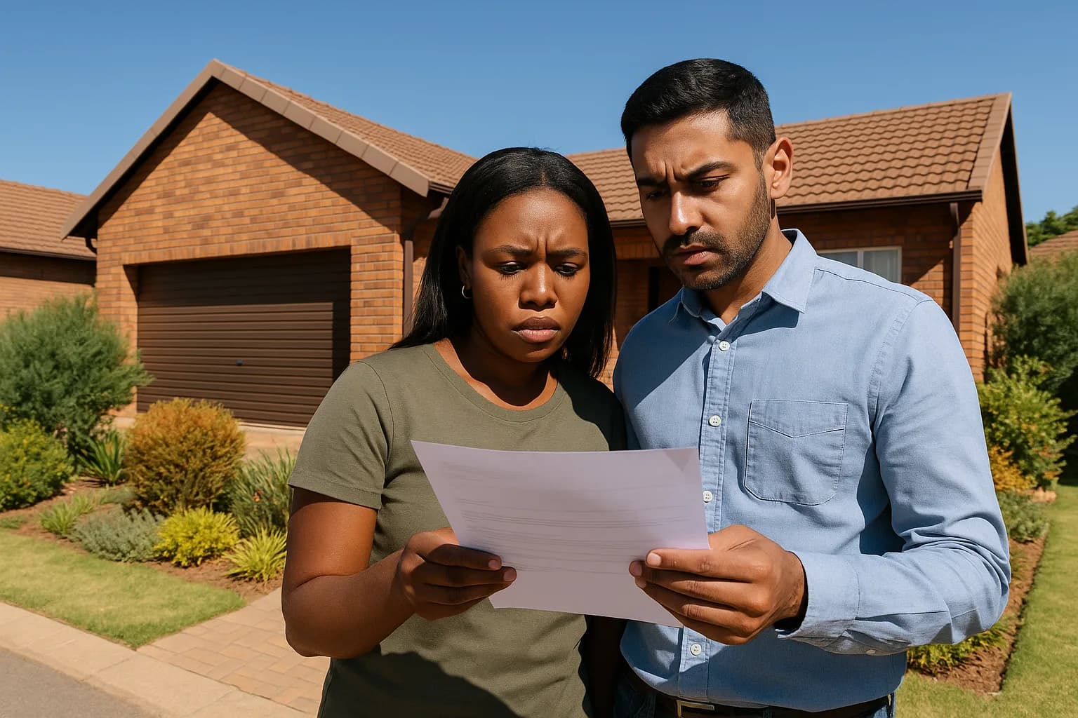 A South African couple reviewing documents outside their home after receiving a bond declined notification from their bank.
