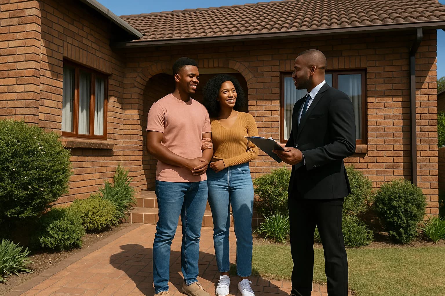 A young couple talking to an estate agent on the stoep of a face-brick suburban home in Gauteng on a clear sunny day.