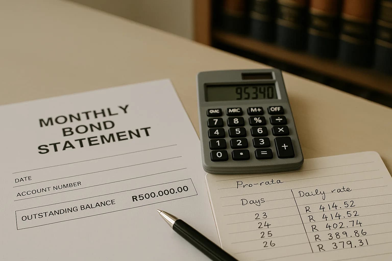 A conveyancer's desk with a bond statement, calculator and handwritten pro-rata daily rate table under clear window light.