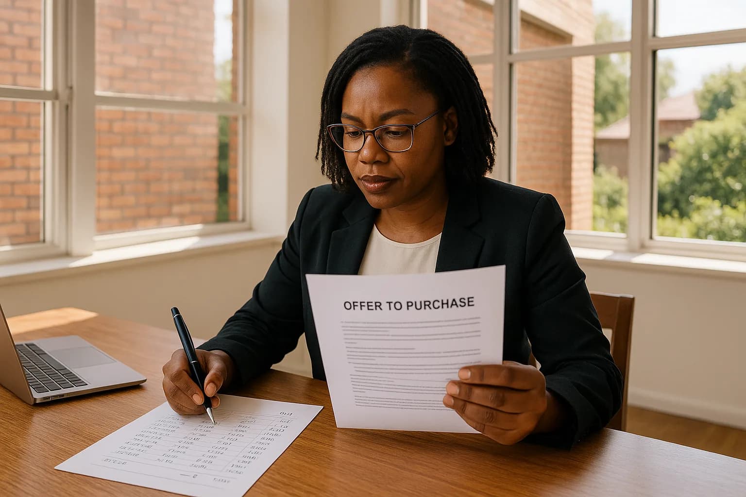 A South African conveyancer working through an occupation rent calculation on a printed Offer to Purchase document at a sunlit desk.