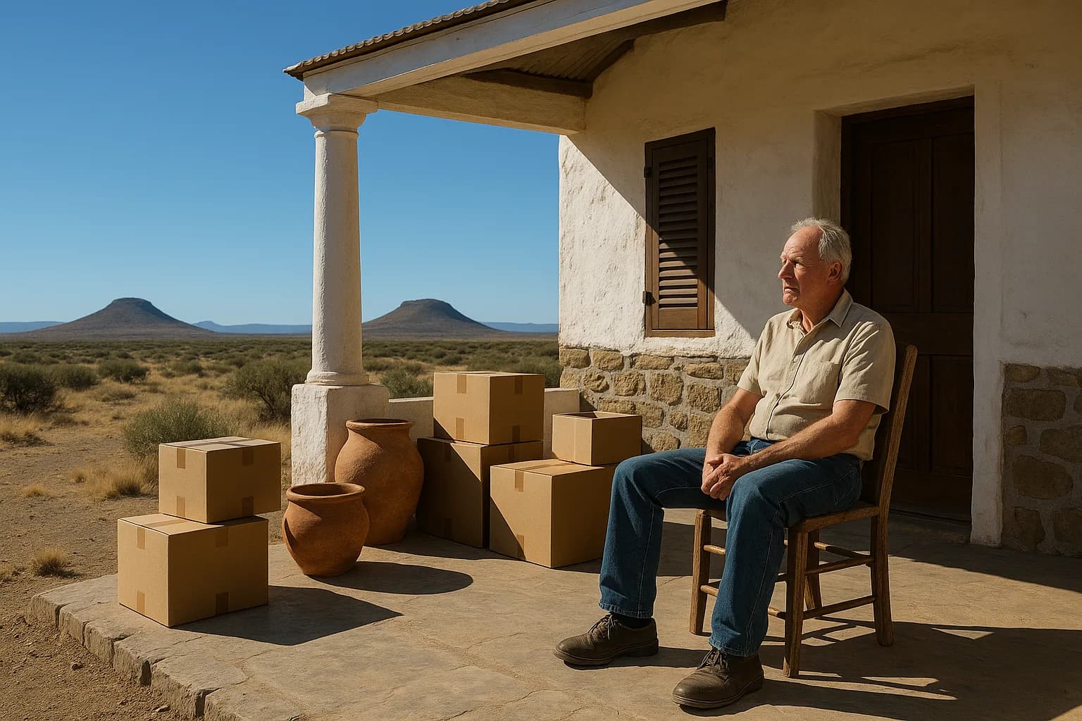 An older man sits among packed boxes on the veranda of a Karoo farmhouse, looking out across the semi-arid landscape after handing over transfer of the property.