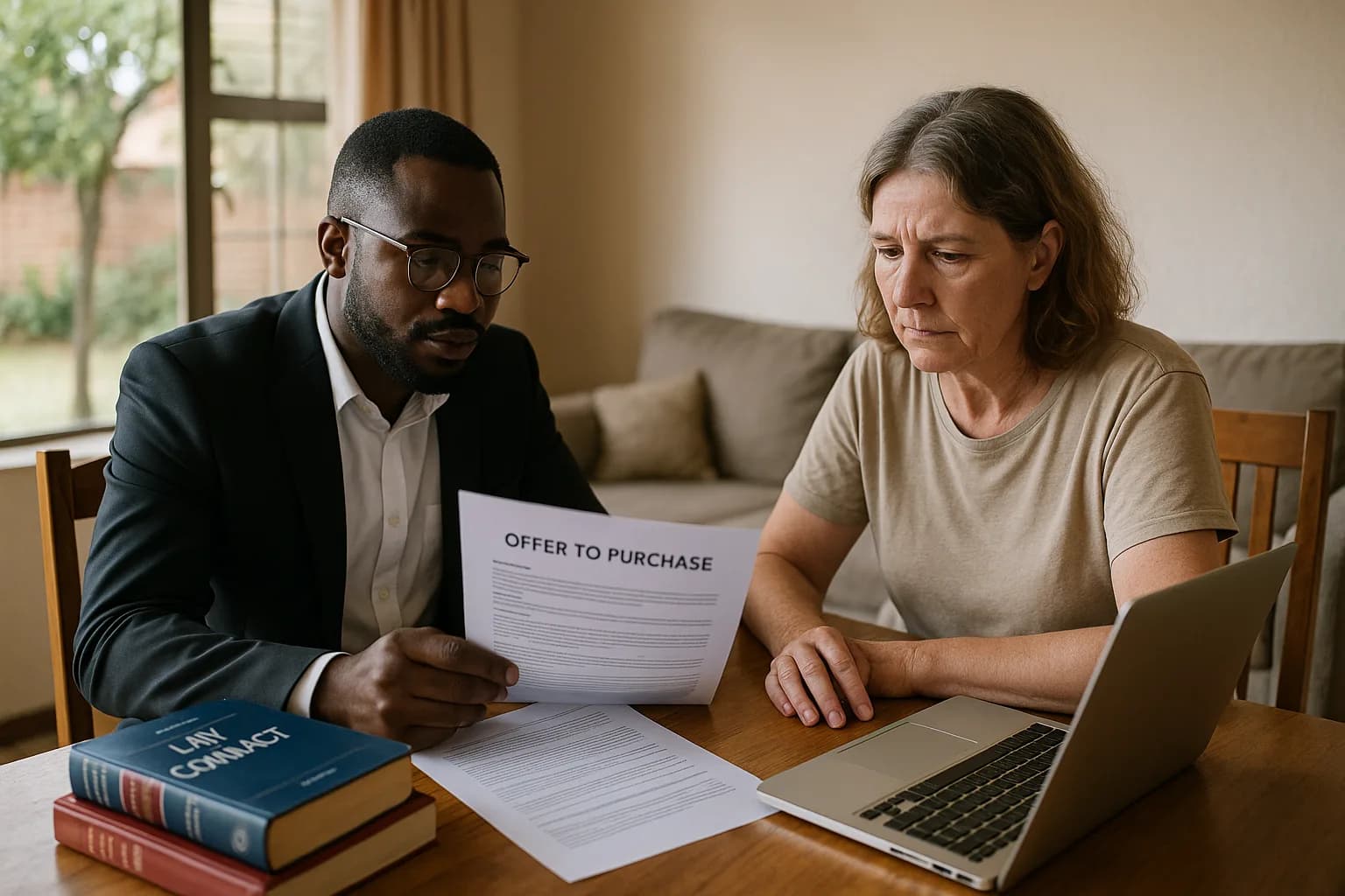 A South African attorney and a homeowner reviewing a printed Offer to Purchase document together at a dining table inside a townhouse.