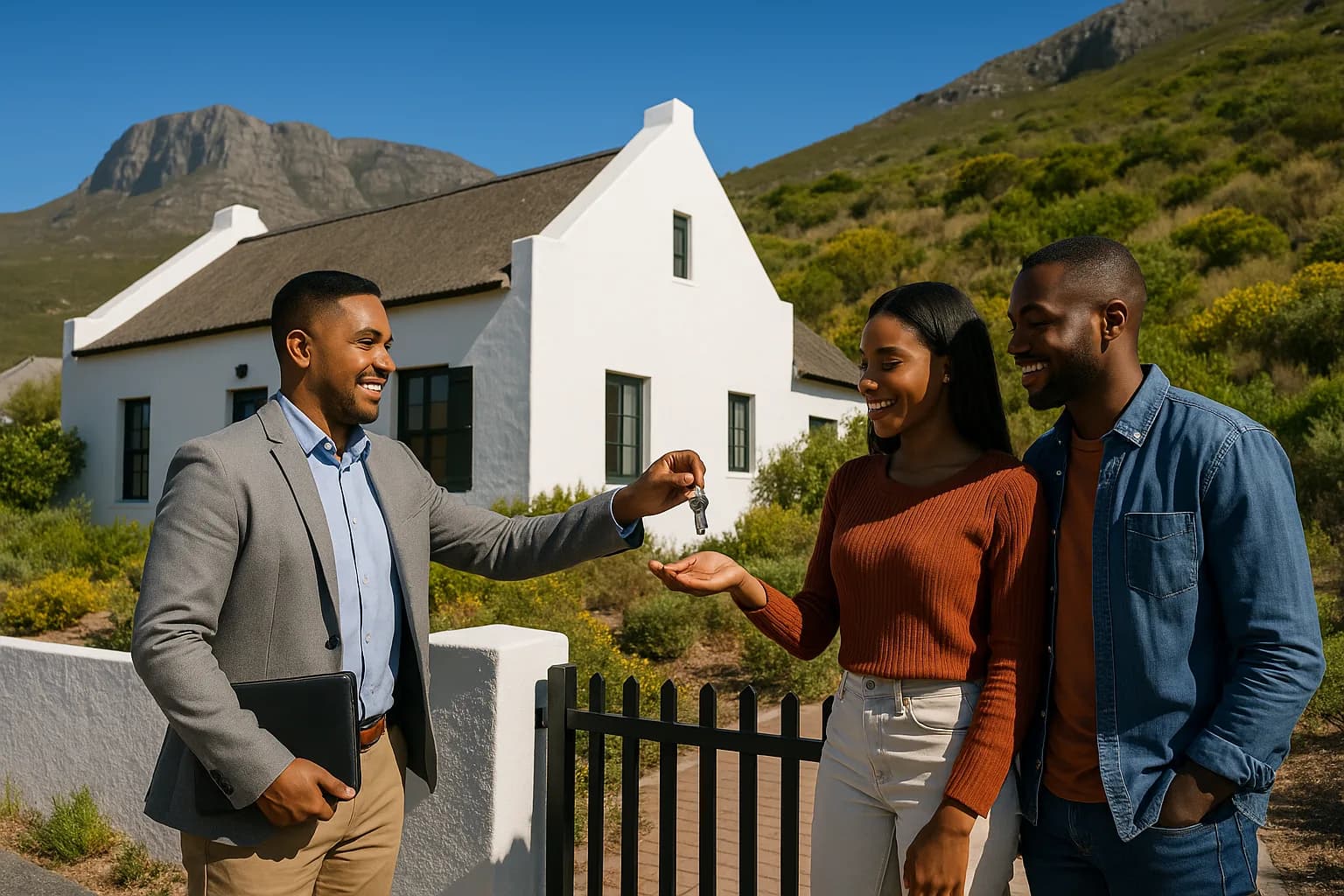 A South African estate agent handing house keys to a young couple at the gate of a whitewashed Cape home with a fynbos mountain backdrop.
