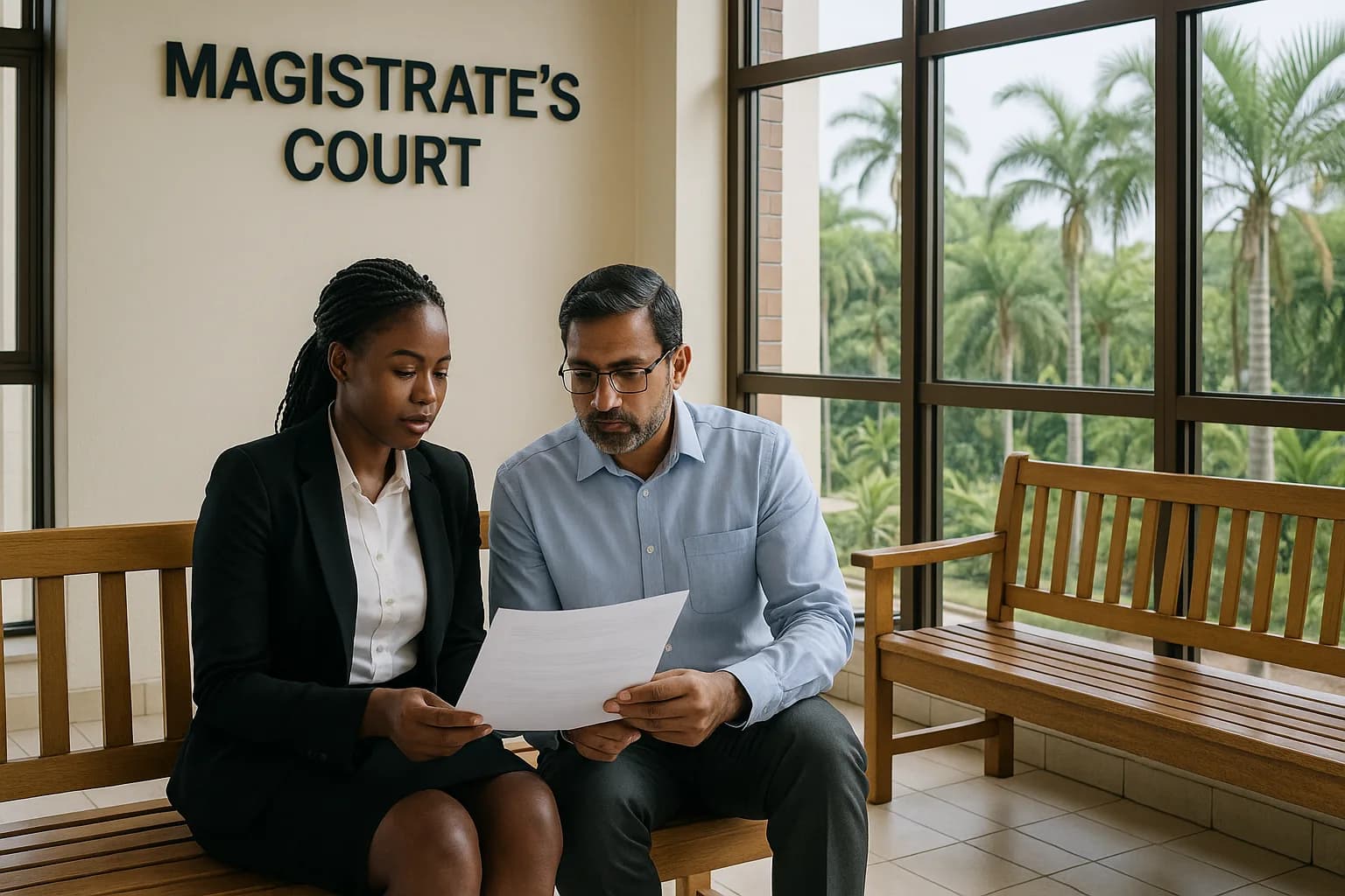 A conveyancer and her client reviewing legal documents on wooden benches in a bright South African court waiting area with subtropical palms visible through the window.