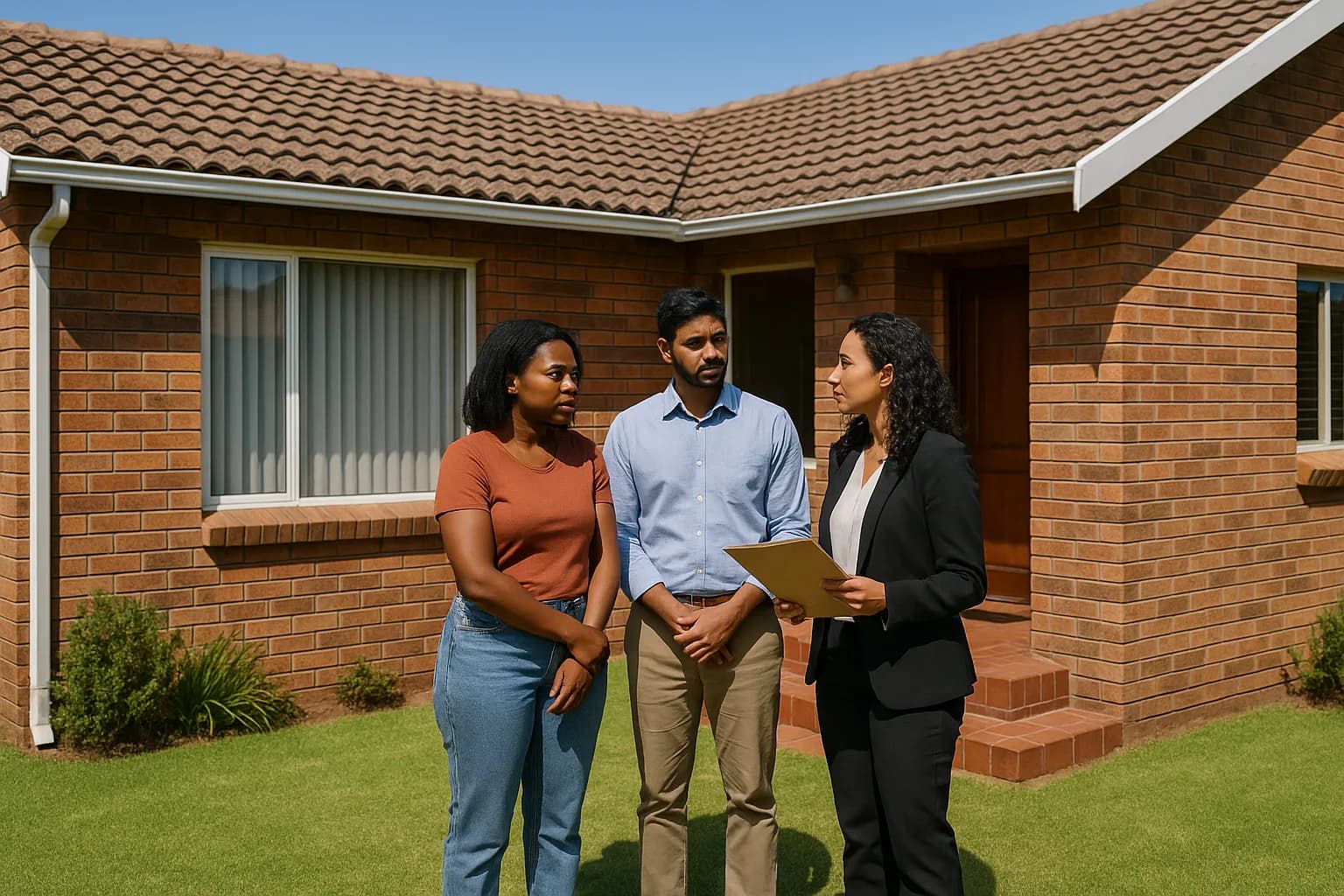 A South African couple and their conveyancer discussing occupation rent disputes outside a Highveld face-brick home on a bright clear day.