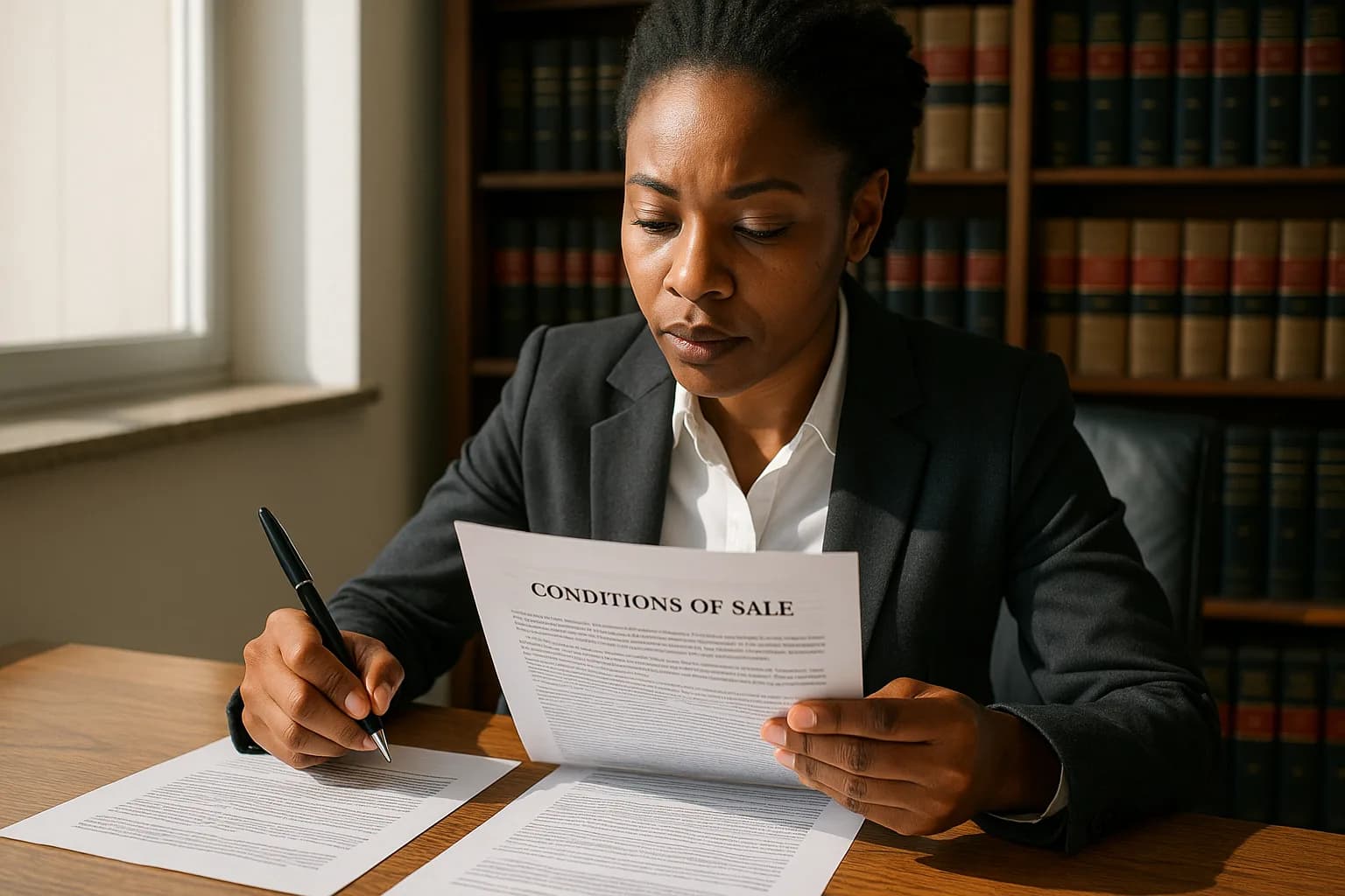 A South African conveyancer reviewing printed auction conditions of sale documents at a desk in a law office.