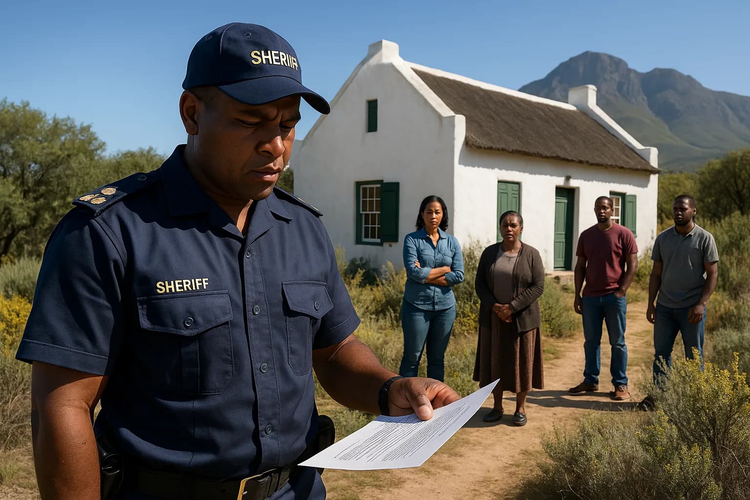 A South African sheriff of the court standing outside a Cape-style home in the Winelands, holding official auction sale documentation.