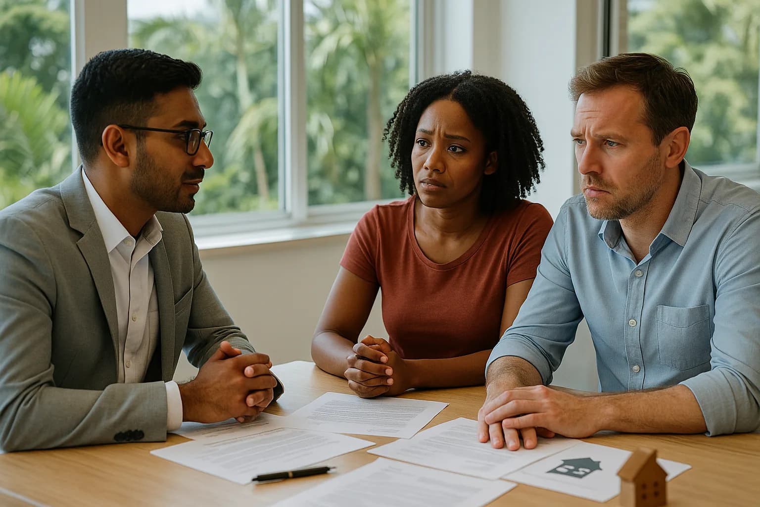 A property attorney consulting with an auction buyer couple in a Durban office, discussing occupation rent recovery options after a property auction.