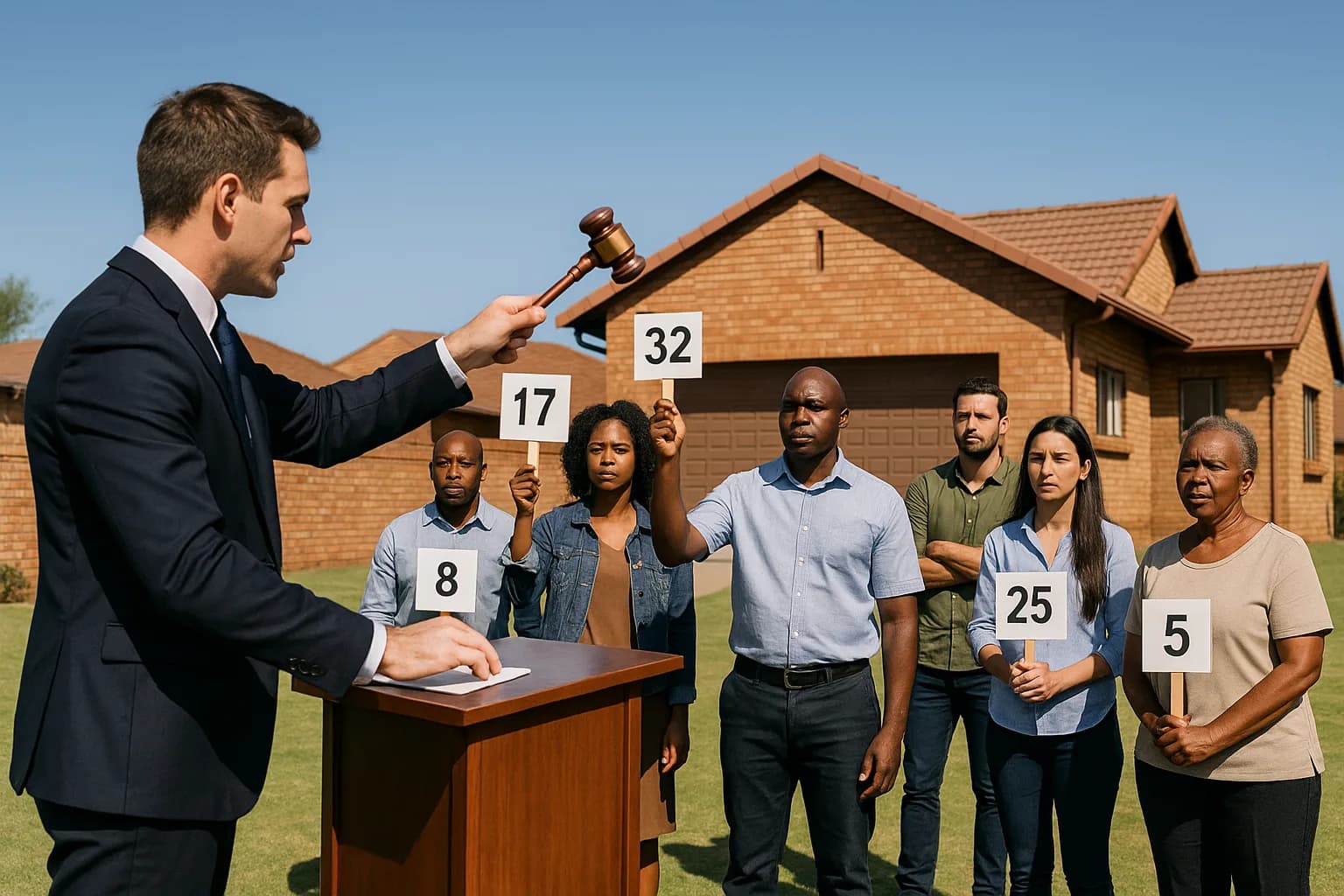A diverse group of South African bidders at an outdoor residential property auction, illustrating auction property occupation rights and responsibilities.
