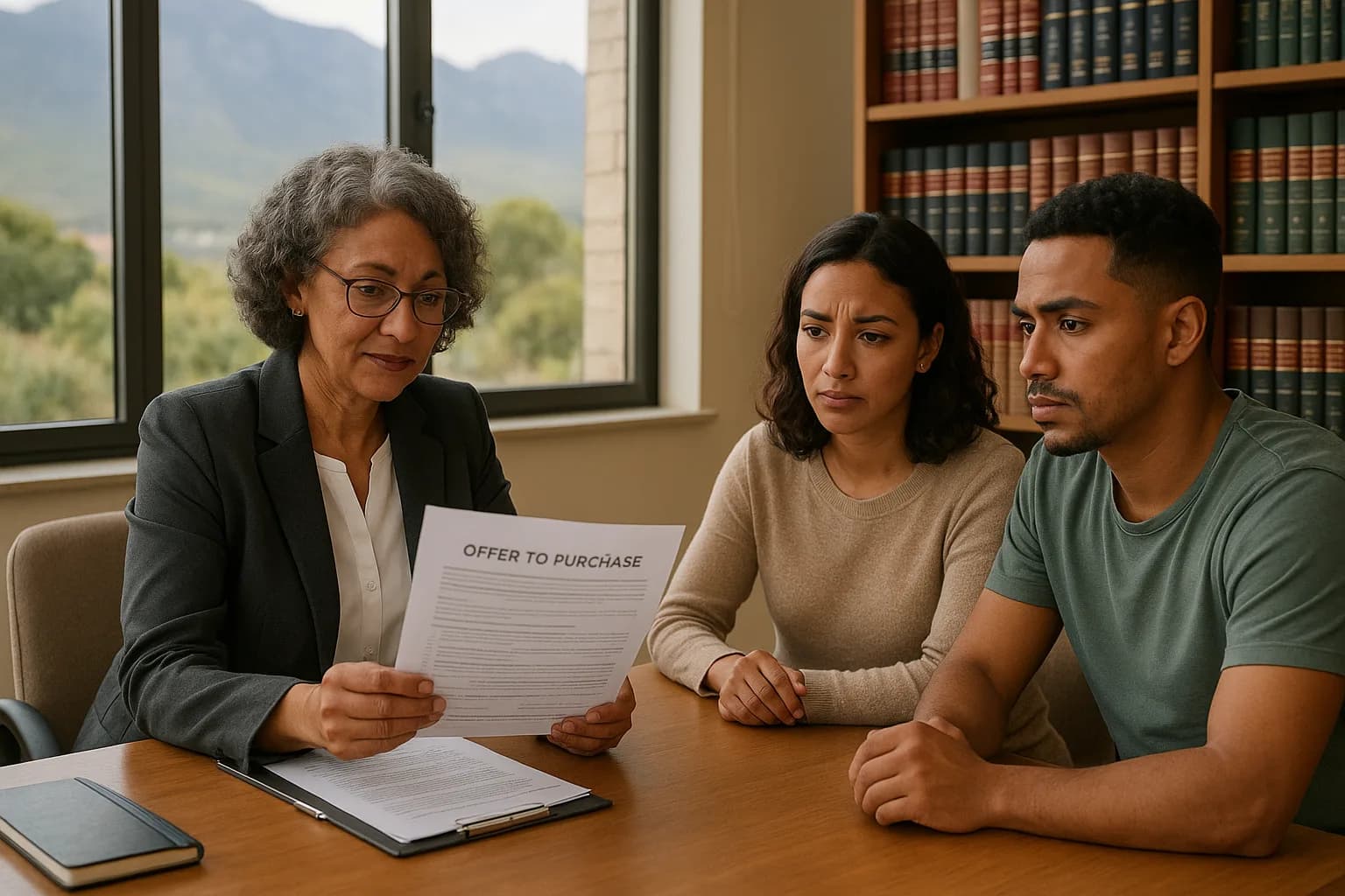 A conveyancer explains a property sale agreement to a young couple in a Cape Town office with mountain views through the window.