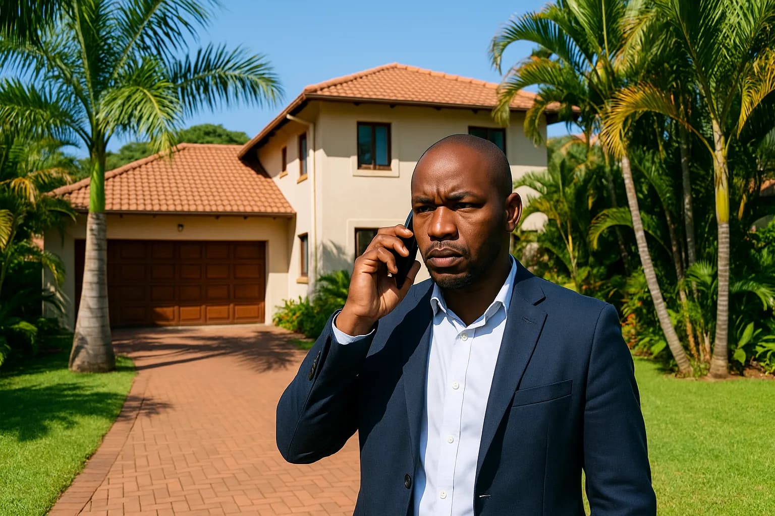 A South African estate agent makes a serious phone call in the driveway of a lush KwaZulu-Natal suburban home.