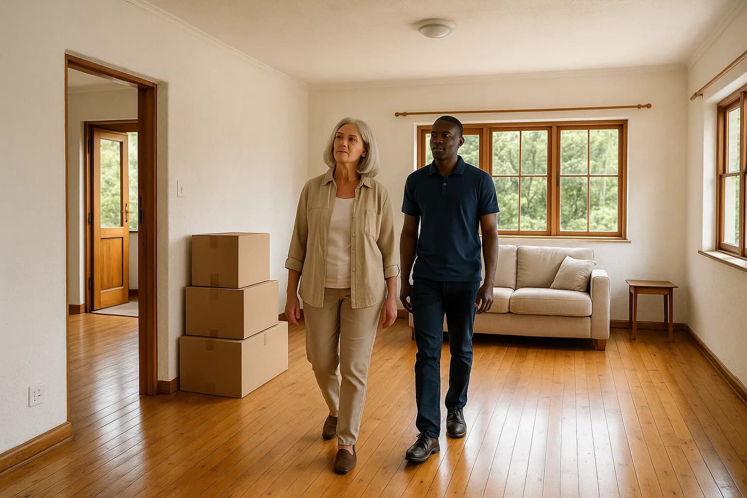 A seller and new property owner conduct a final walkthrough inspection of a Garden Route home with moving boxes near the door.