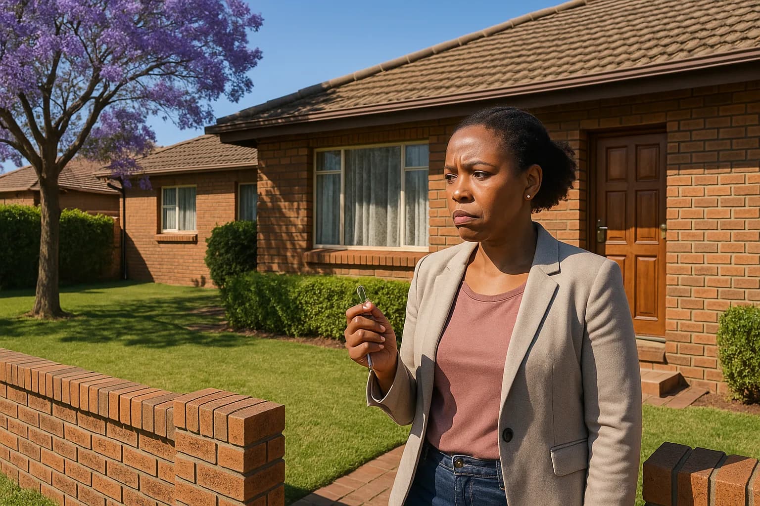 A new homeowner stands outside a Highveld face-brick house holding keys, looking concerned because the seller delays vacating the property.
