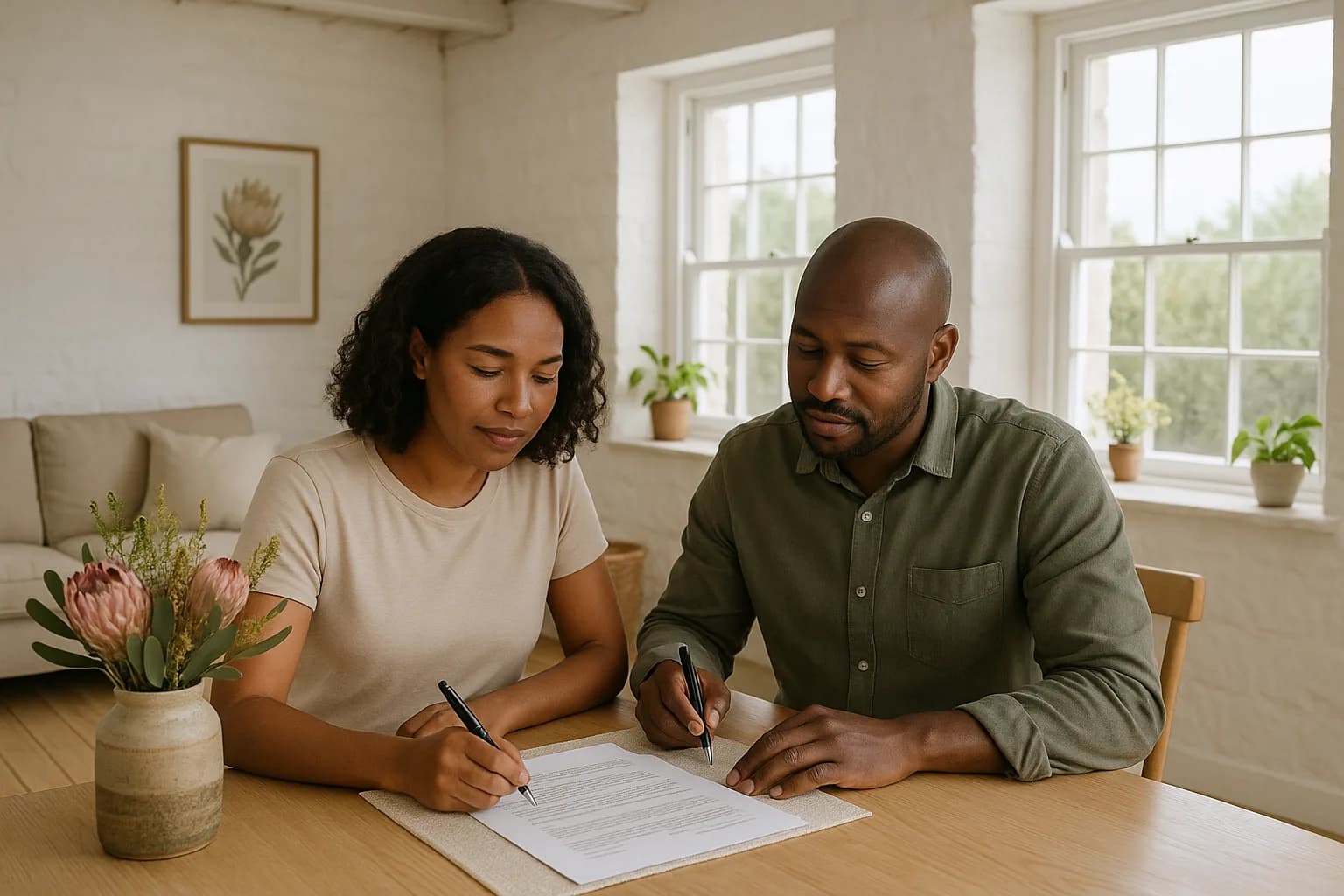 A couple reviewing a property contract together at a dining table inside a bright Cape-style cottage.