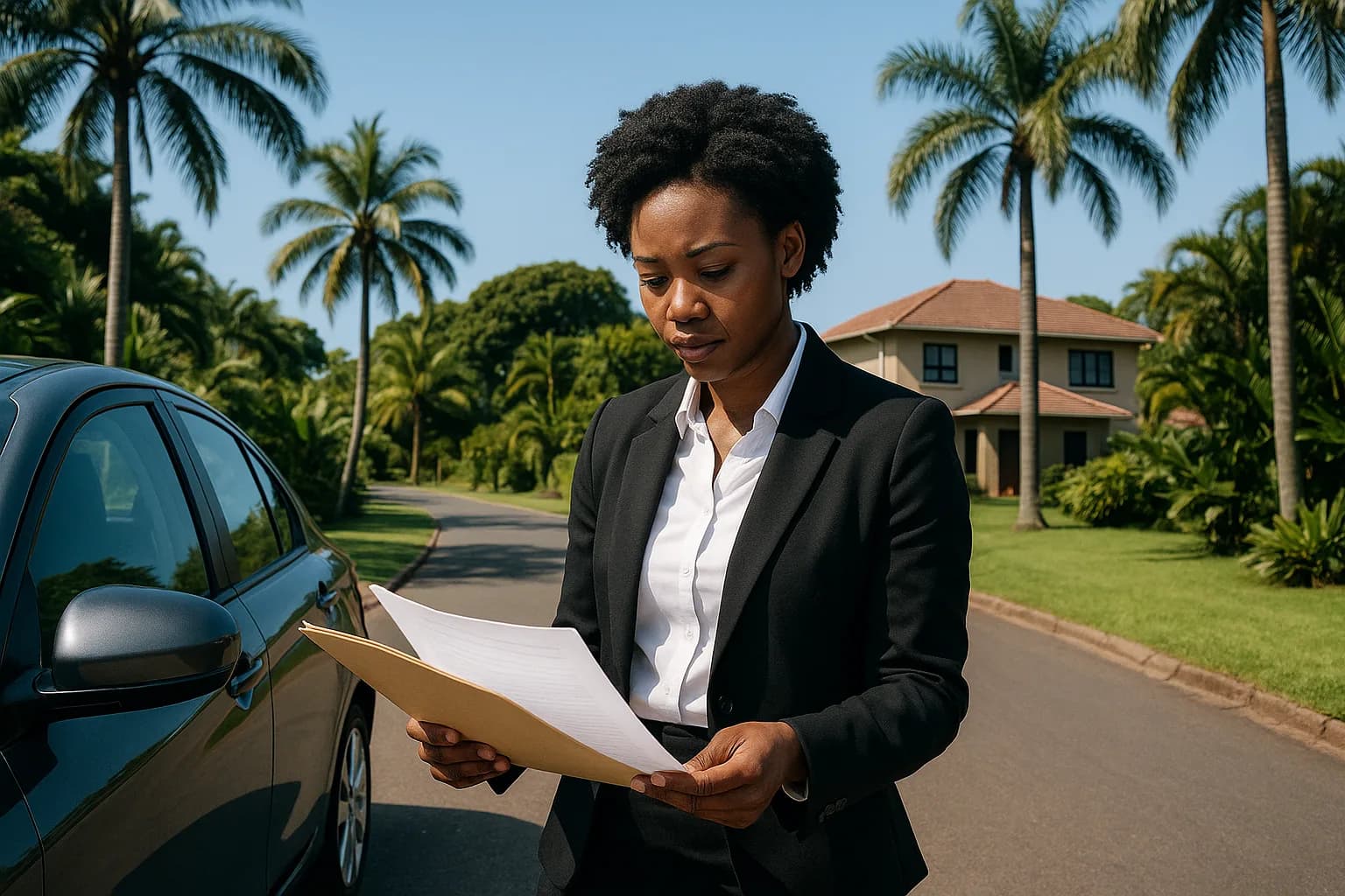 A female conveyancer reviewing transfer documents on a leafy KwaZulu-Natal suburban street beside her car.
