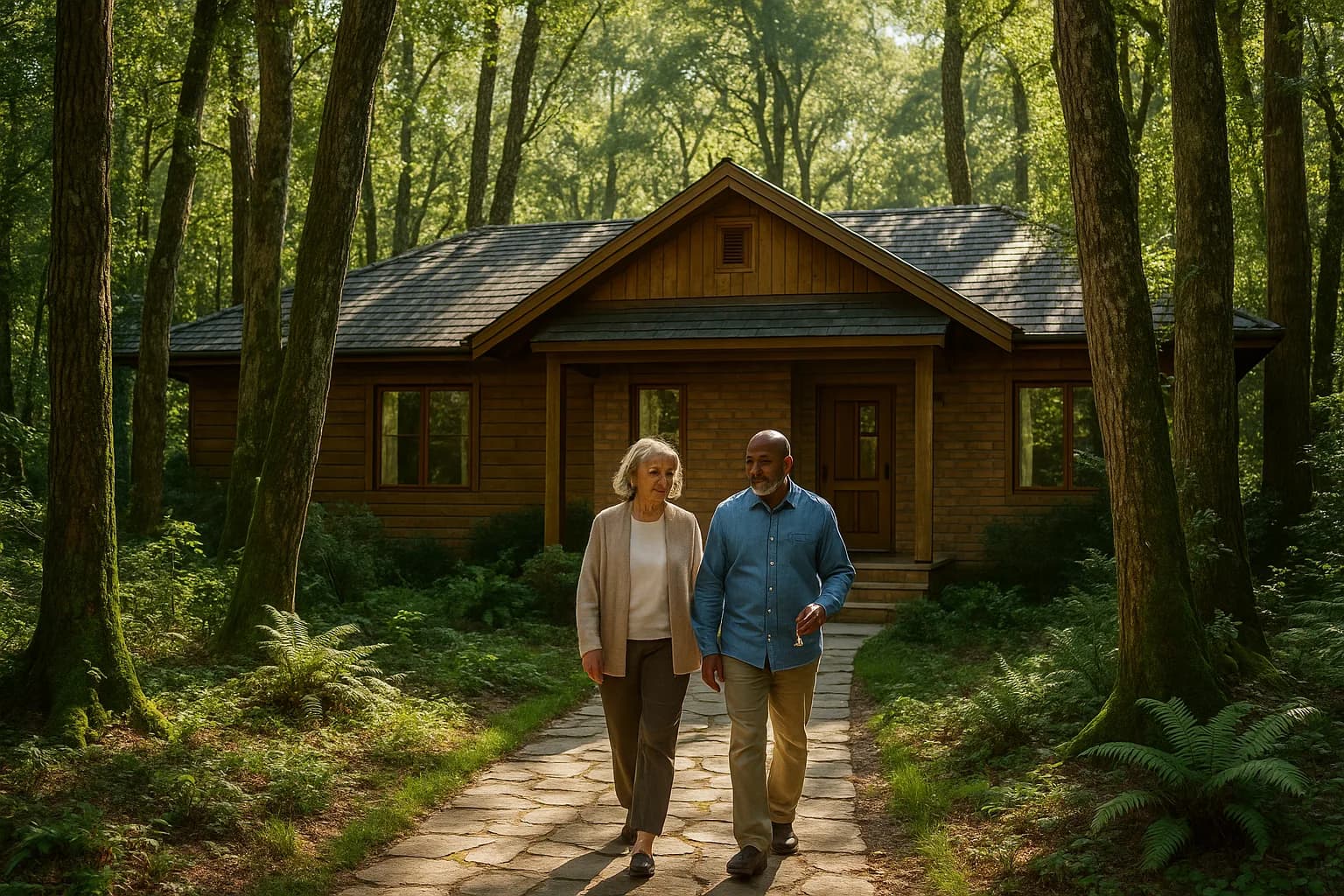 An older South African couple walking towards the front door of a Garden Route timber home, one holding a set of house keys.