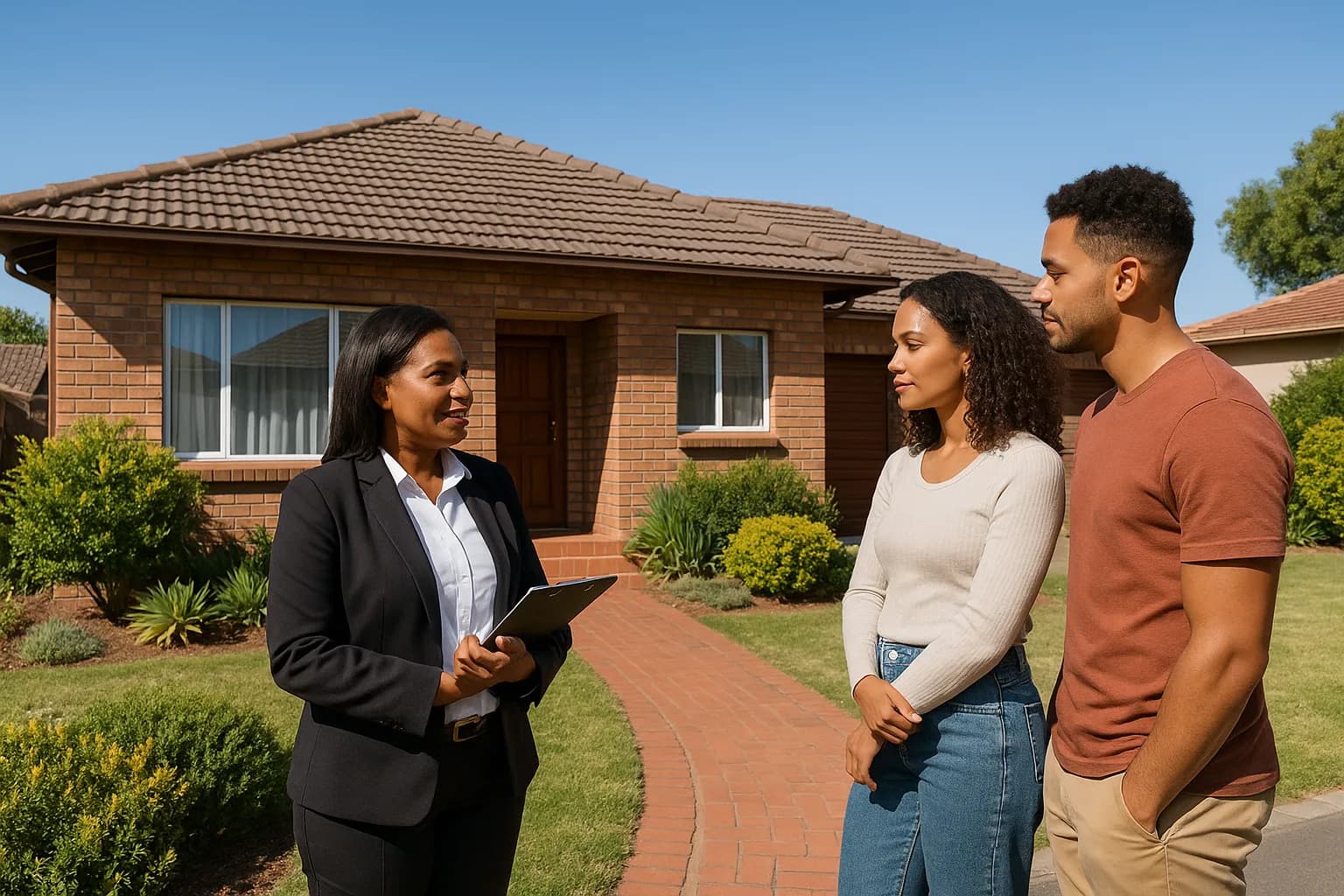 A South African estate agent discussing subject to sale occupation terms with a young couple outside a face-brick suburban home.