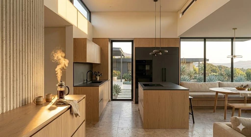 A warm, wood-accented contemporary kitchen featuring an island and a steaming French press coffee maker on the counter, evoking a cozy lifestyle after buying a house.