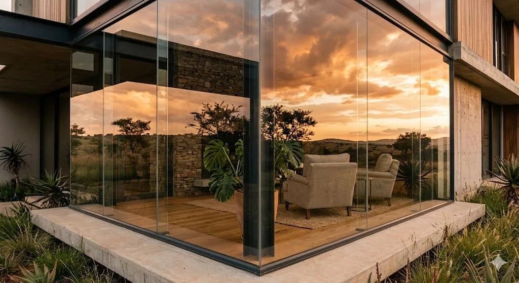 A contemporary home's glass corner room reflecting a dramatic golden sunset over a valley, emphasizing the value of views when buying property.