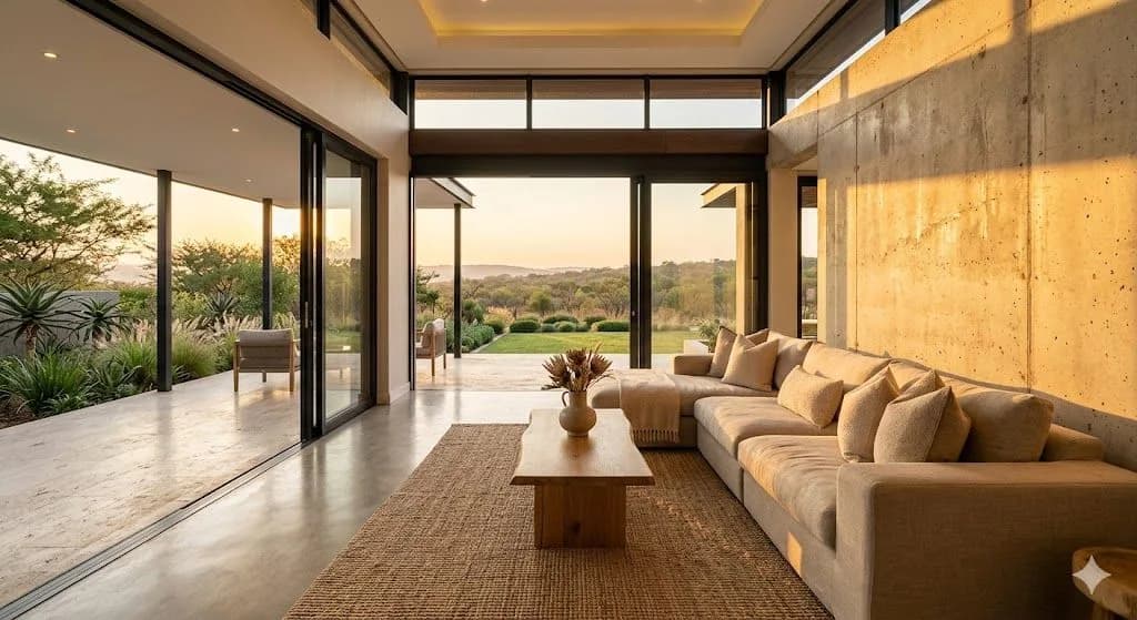 A spacious modern living room with a large linen sectional sofa and sliding glass doors opening to a scenic patio, perfect for a luxury home buying guide.