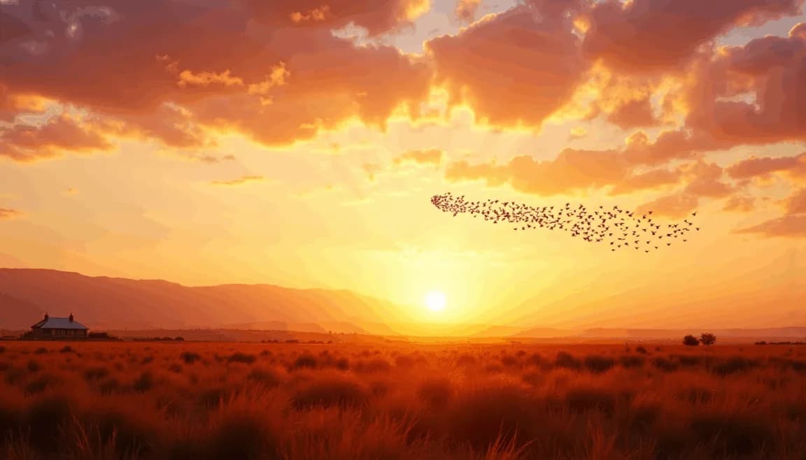 Flock of birds flying in formation above a South African home at golden hour