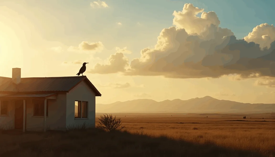 Single bird perched on the roof of a South African home under golden-hour skies