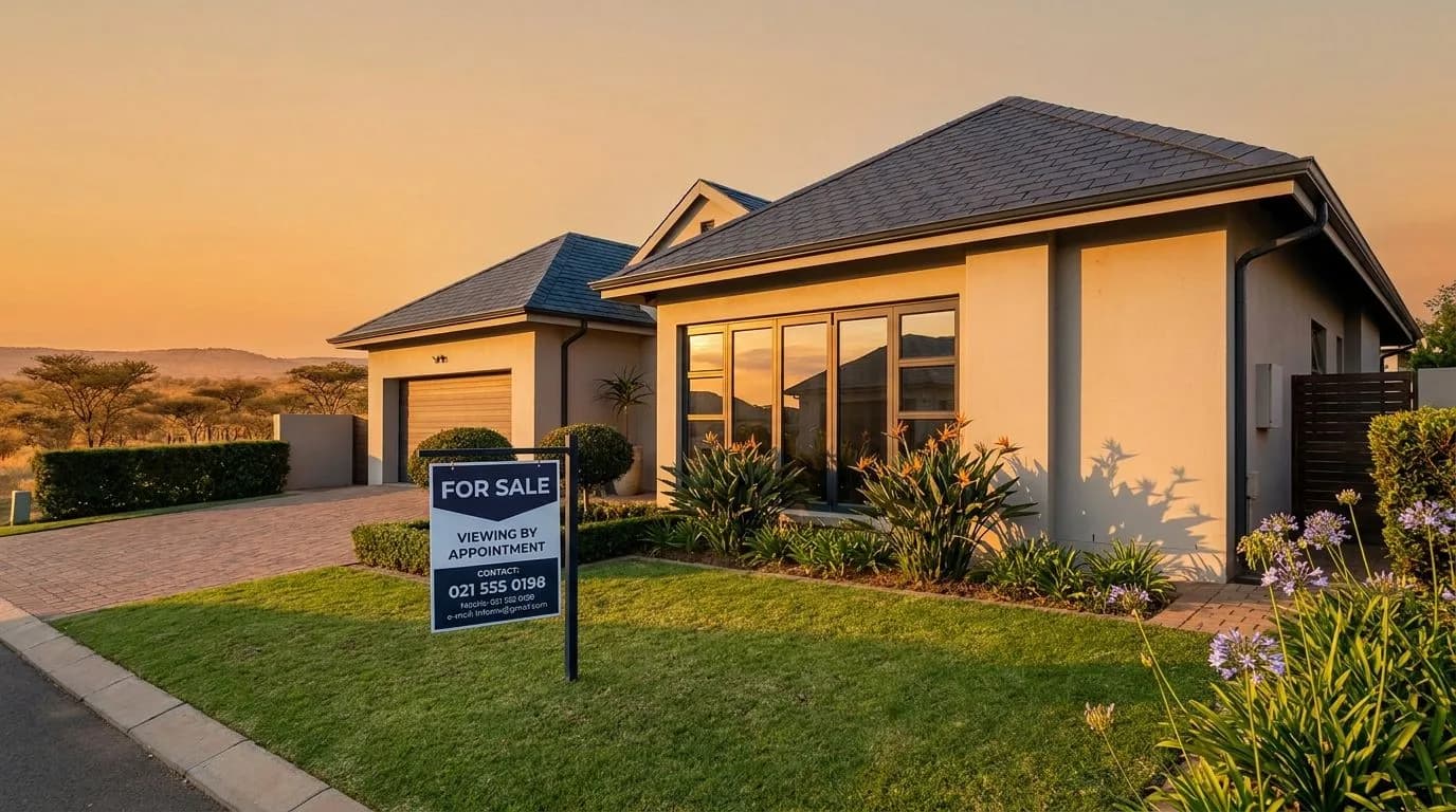 South African suburban home with For Sale board at golden hour