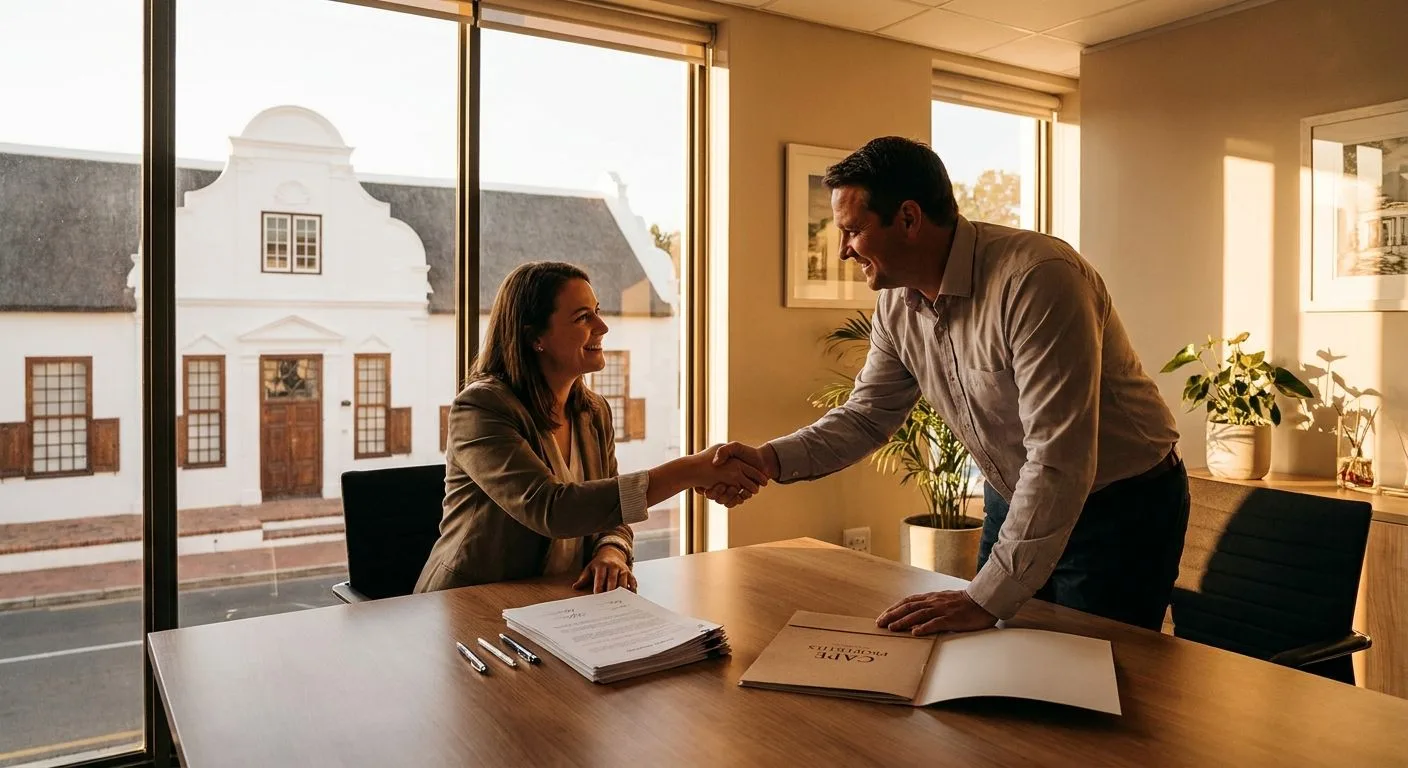 Seller and estate agent shaking hands after closing a property deal in South Africa