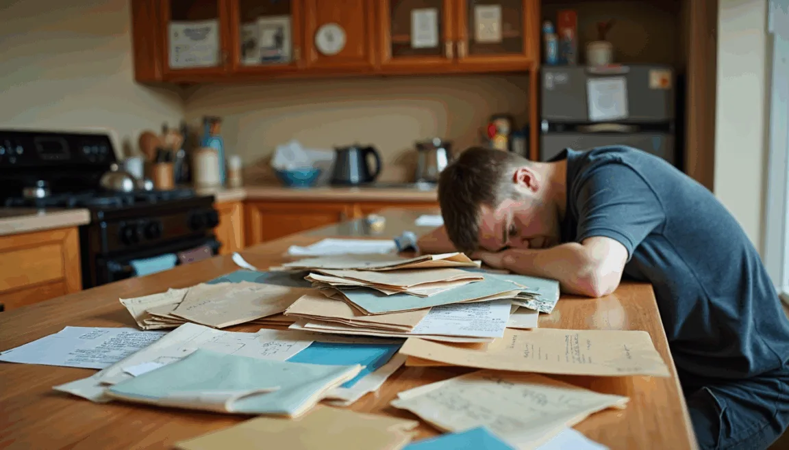 A South African homeowner reviewing a stack of monthly household accounts at the kitchen table, warm afternoon light