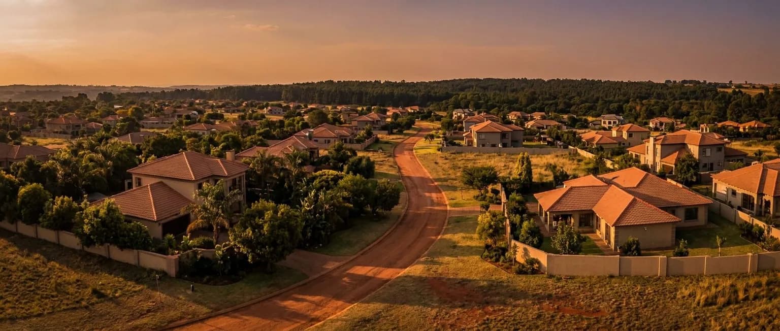 Wide view of a South African residential suburb at golden hour across the Highveld