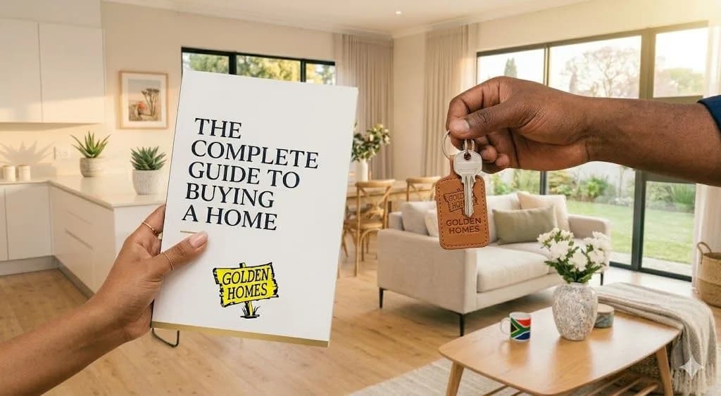 A home background with keys being handed over. A folder stating The Complete Guide to Buying with a Golden Homes logo is in the hand of one person.