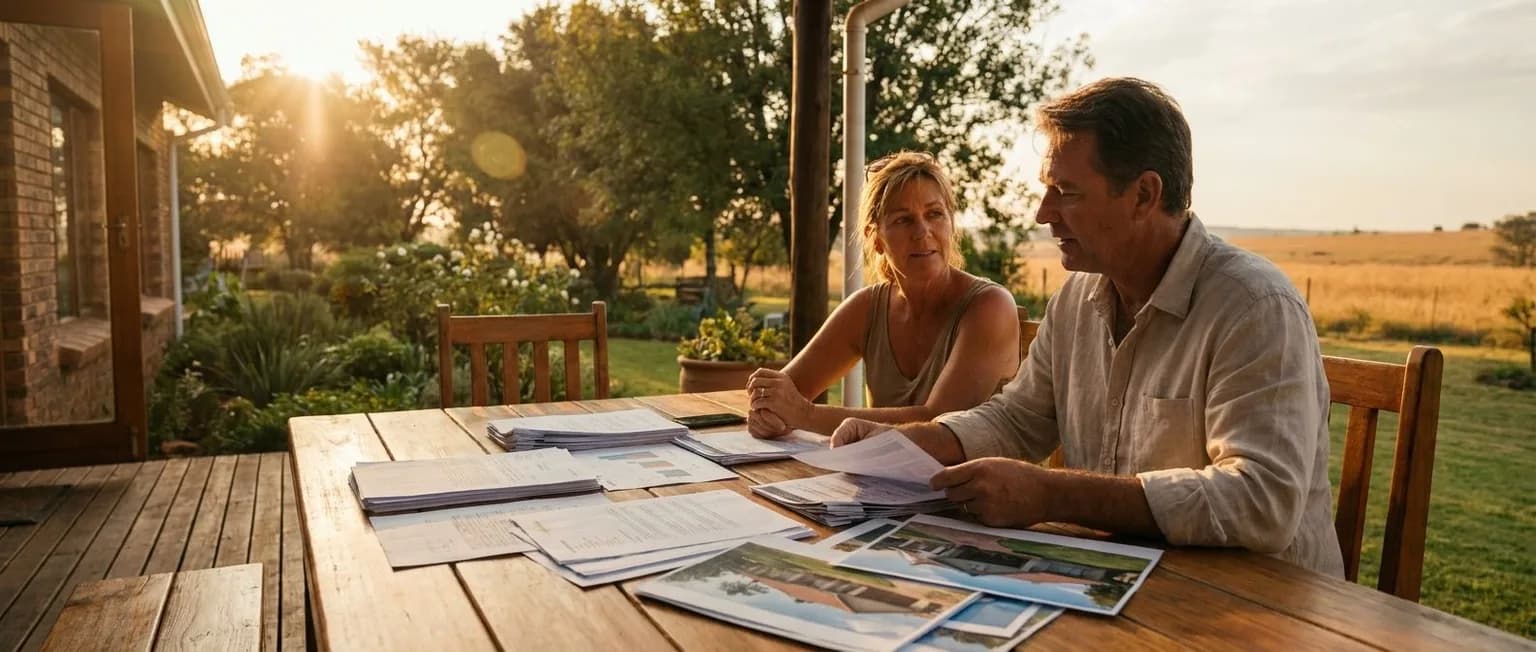 South African homeowner and estate agent reviewing property comparables at a Highveld stoep