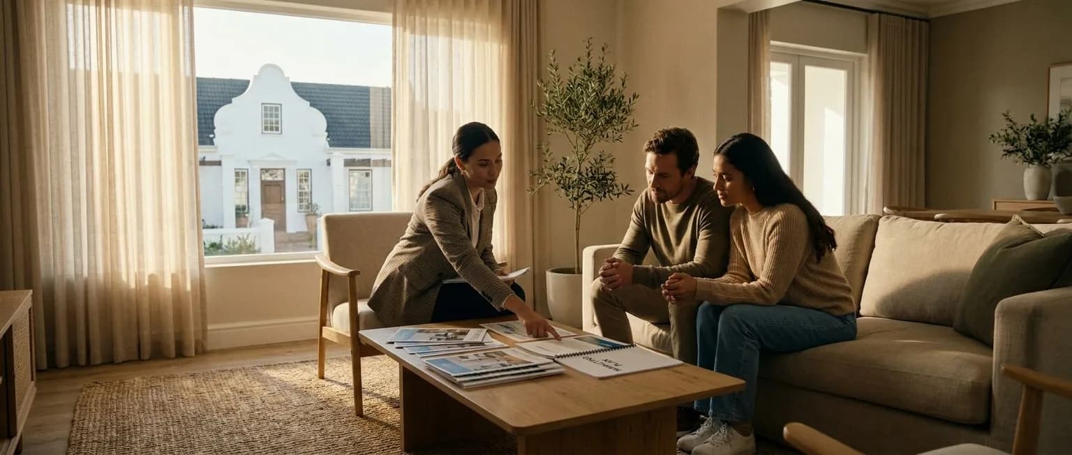 Estate agent presenting a property marketing plan to homeowners in a Cape Dutch suburban home