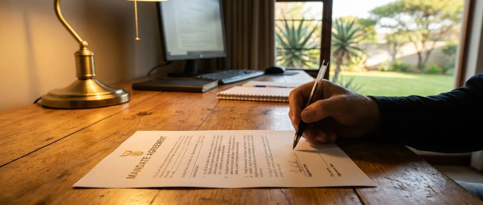 Signing a property mandate document in a South African home office