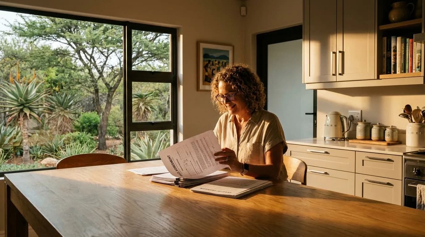 A South African homeowner reviewing property sale documents at a kitchen table, warm golden afternoon light, bushveld garden visible through the window.