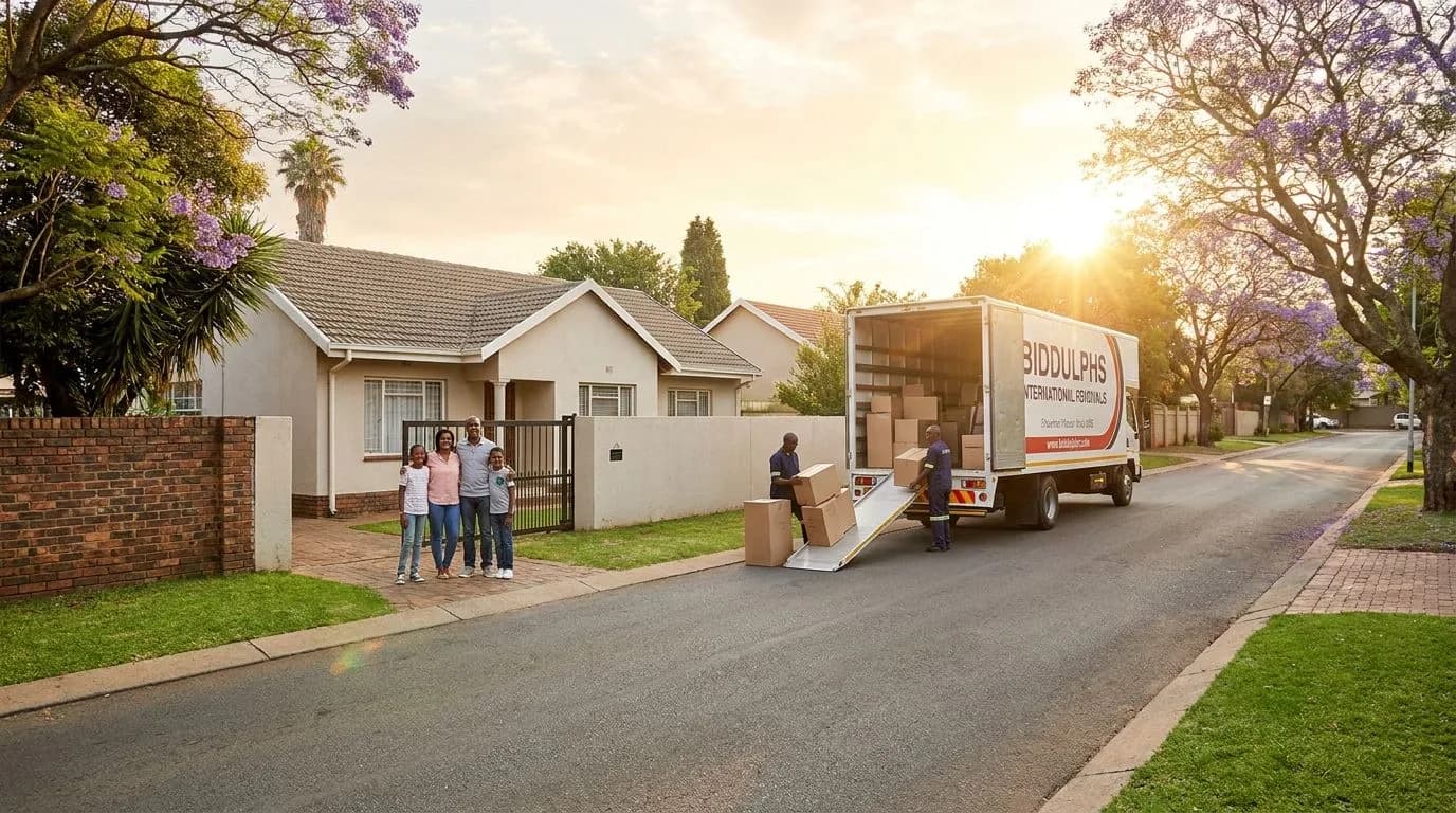 A South African family standing outside their home with a removal truck on a sunny golden-hour afternoon, residential Johannesburg suburb street.