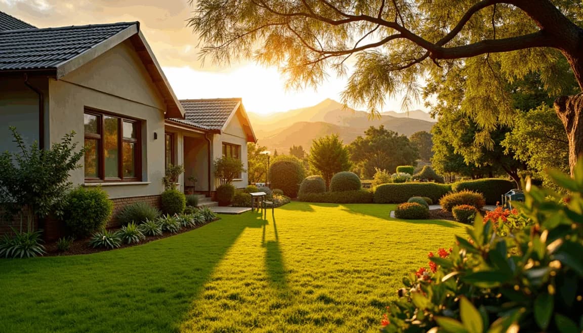 Lush suburban garden in South Africa with trees, flowers, and a family home in the background, showing strong location factors and a safe, welcoming environment.