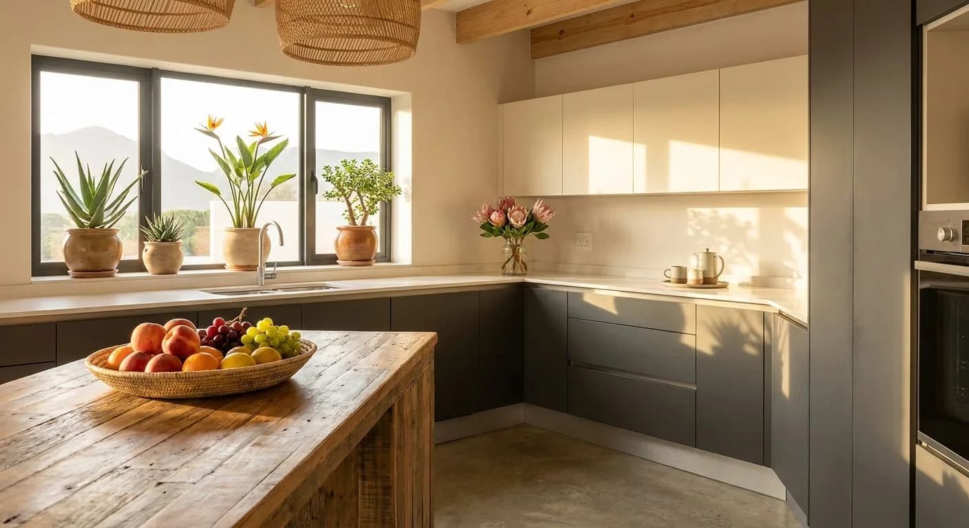 A beautifully staged South African kitchen ready for a property showing, fresh fruit in a bowl on the counter, clean surfaces, warm afternoon light, indigenous plants on the windowsill