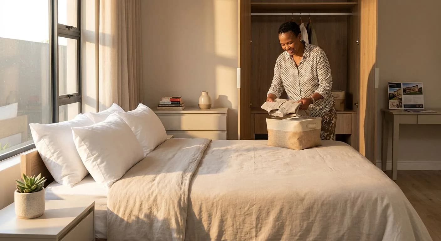 A South African homeowner decluttering and tidying a bedroom in preparation for a property showing, making the bed neatly, warm natural light through a window