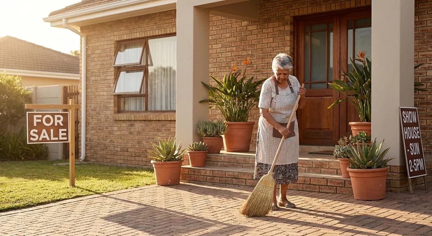 A South African homeowner sweeping the front stoep and tidying the entrance before an open house, neat facebrick exterior, potted plants at the door, golden morning light