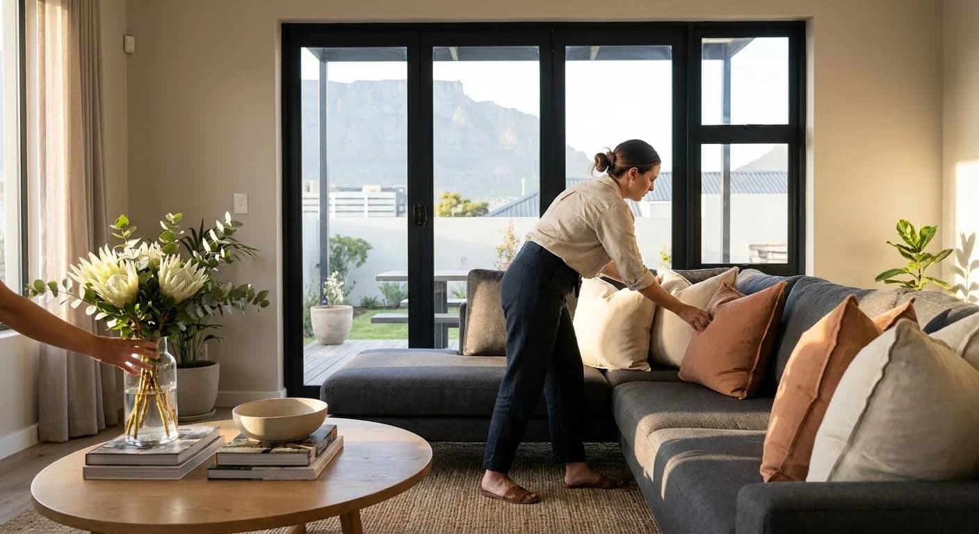 A South African homeowner staging a living room for a property showing, arranging cushions and fresh flowers, warm afternoon light through large windows, neat and inviting interior